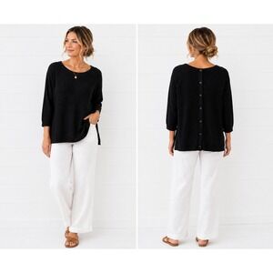Mer-Sea  Knit Sweater L/XL Black Button Back Raglan Long Sleeve Side Slit